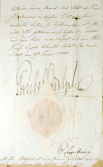 Kustaa Adolfin allekirjoittama nimityspaperi vuodelta 1804